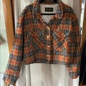 Plaid Cropped Fuzzy Jacket with Button Front